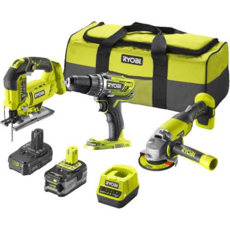 Ryobi – Pack de 3 outils électroportatifs 18V – 2 batteries 4,0Ah et 2,0Ah – Chargeur rapide – Scie sauteuse, perceuse, meuleuse (1/10)