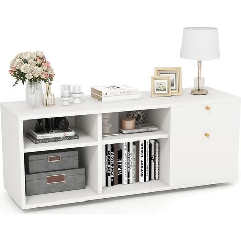 Goplus – Bibliothèque moderne 108x39x50cm – 2 tiroirs et 4 compartiments – Pieds réglables – Meuble TV pour salon, chambre, entrée (1/5)