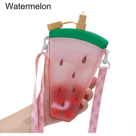 Gourde orange grande capacité de 320 ml avec bracelet de suspension, motif pastèque, paille intégrée, idéale pour l'été (1/5)