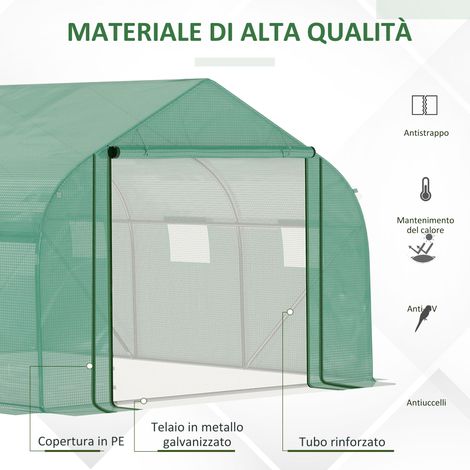 Serre tunnel 3,5x3x2m vert, abri de jardin en acier avec bâche PE, porte enroulable et 6 ouvertures (1/5)