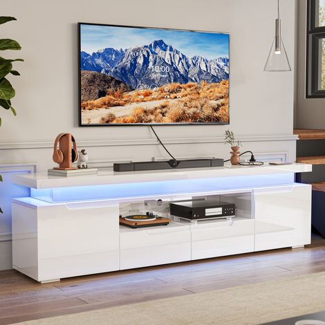 Meuble TV LED Moderne 180x35x52 cm - Banc TV Haute Brillance avec Prises Intégrées- 2 porte, 2 tiroir ets 1 étagère - Blanc (1/5)