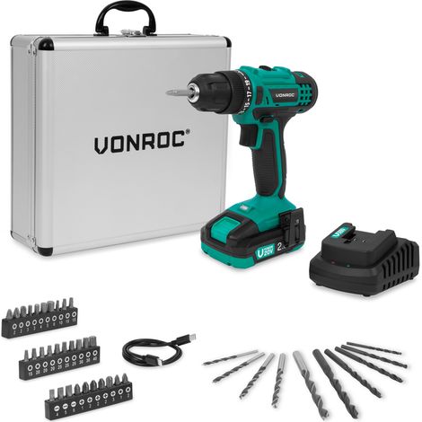 VONROC Akku-Bohrschrauber 20V – 19 Drehmomentstufen + Bohrmodus – Inkl. 2,0Ah Akku, Ladegerät und 46 Zubehörteilen im Premium-Koffer