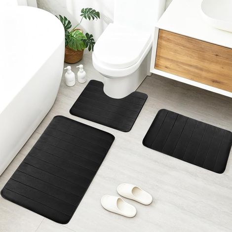 Lot de 3 tapis de salle de bain en mousse à mémoire de forme - Tapis de bain doux et tapis WC en U avec découpe - Antidérapant et absorbant - Lavable - Noir (1/5)