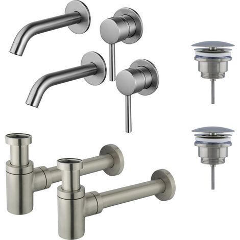 FugaFlow Eccelente Sobrado Slim Kit robinet lavabo - pour double vasque - robinet rehaussé - bonde non-obturable - siphon design bas - Inox brossé PVD (1/4)