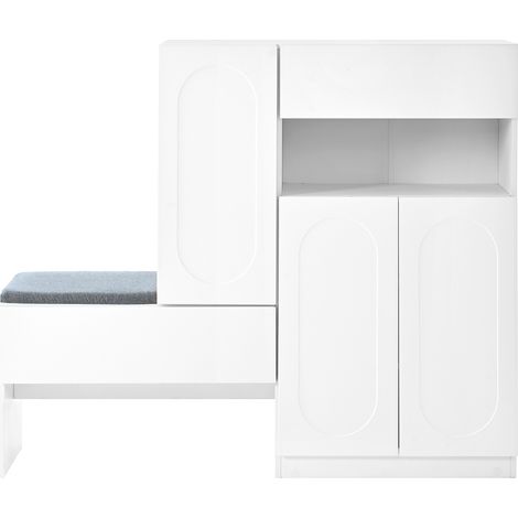 Zapatero 2 en 1 con banco acolchado, puertas curvas soft-close, estantes regulables, blanco (1/5)