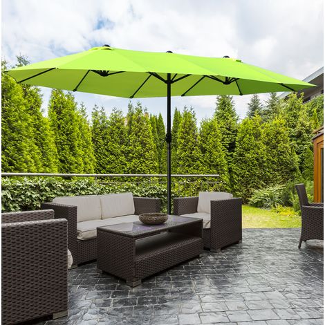 Sombrilla doble de 460 x 270 cm con manivela, estructura estable, acero y poliéster verde para patio y jardín. (1/5)
