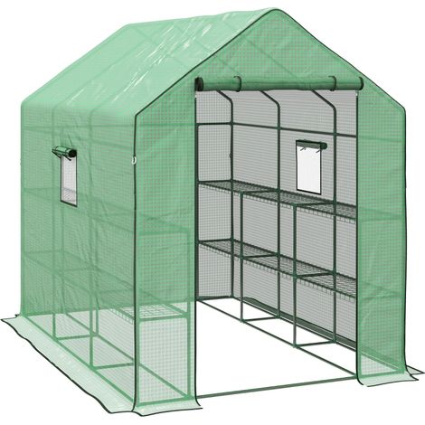 Walk-in Greenhouse with 3 Tier 12 Shelves, Small Greenhouse with Reinforced PE Cover, Garden Plant Growhouse with Roll-up Door and Three Mesh Windows, 140 x 213 x 190 cm, Green