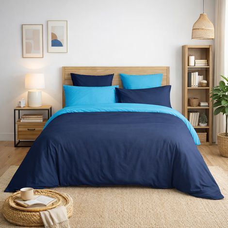 Pack HARMONIE 6 pièces Marine & Turquoise – Coton 57 fils – Housse 240x220 + Drap housse 140x190