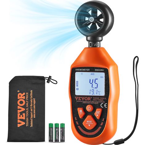 VEVOR Anemómetro Portátil para Medir Velocidad del Viento Temperatura del Viento -1045°C Sensación Termica del Viento Anemómetro Digital con Pantalla LED para Navegar, Surfear, Volar con Drones, HVAC