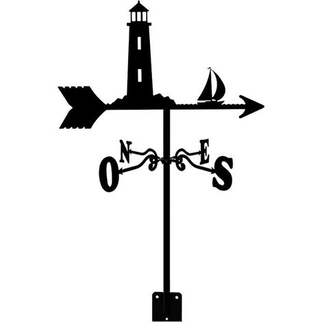 Bandierina segnavento in metallo con sagoma di faro e barca a vela. Indicatore meteorologico decorativo a tema marittimo per giardino, terrazza e spazi esterni. (1/5)