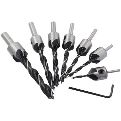 7pcs Fraise Bois Mèche à Bois 5 Flûte Foret Conique Set en HSS Acier à Haute Vitesse à Bois Aésoir Chanfreinage Outil 3 4 5 6 7 8 10mm Avec Clé Hexagonale (1/4)