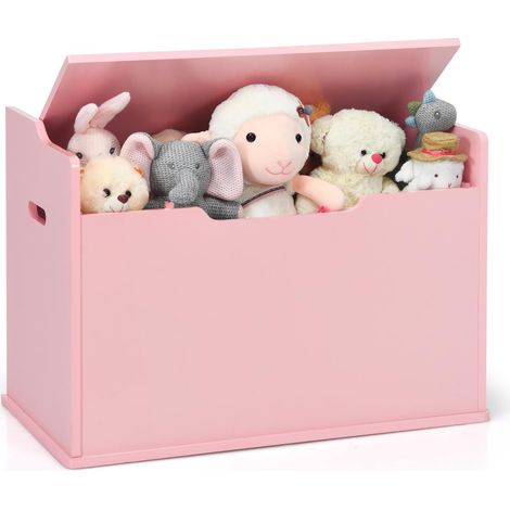GOPLUS Coffre à Jouets 74x39x52CM à Couvercle Relevable avec Banc-2 Charnières de Sécurité-Poignées de Transport Intégrées,Rose (1/5)