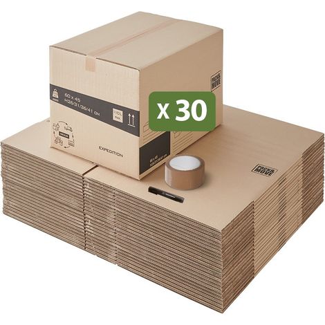 Pack and Move - Lot 30 cartons déménagement hauteur modubale variable, personnalisable - 60 x 45 x 31-41 cm - Poignées renforcées - 1 adhésif offert