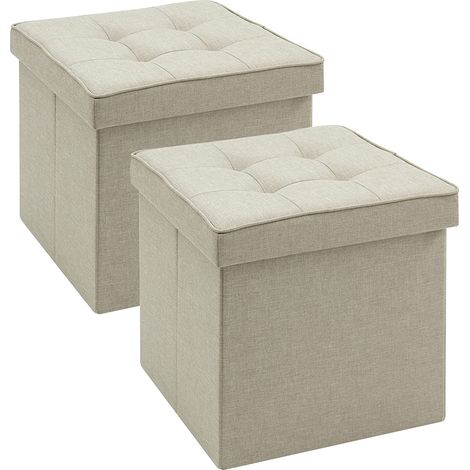 WOLTU 2 x Tabouret Cube de Rangement Repose Pieds Pliant, Couvercle Amovible siège en Lin, 37, 5x37, 5x38cm, Beige (1/4)