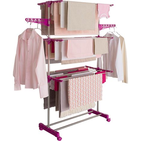 Idmarket – Étendoir à linge vertical pliable 3 niveaux – Capacité 20m – Hauteur 1,45m – 4 roues dont 2 à frein – Accessoires pratiques inclus