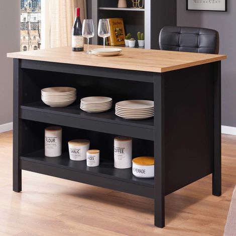 Helina buffet îlot de cuisine, 2 tablettes noir,chêne décor. (1/5)