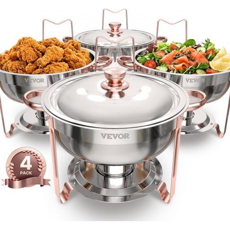 Chauffe-Plat 4PCs 4,6 L, Buffet Chauffant Rond, Réchaud en Acier Inoxydable, avec 4 Bacs Pleine Grandeur, Couvercle et Pince, pour Buffet Libre-Service Hôtel Traiteur Restauration, Or Rose (1/3)