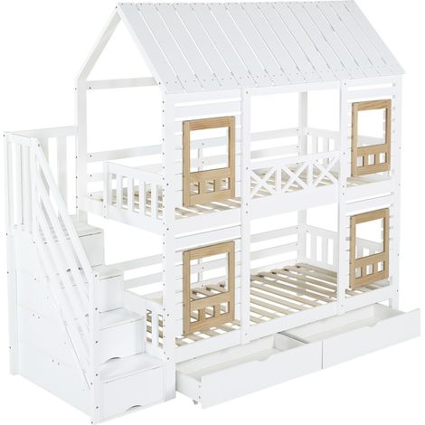 Letto a castello per bambini 90x200 cm con scala contenitore e cassetti, bianco e naturale (1/5)