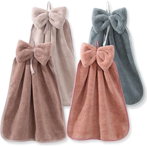 Lot de 4 essuie-Mains à Suspendre avec nœud Papillon, Boucles de Suspension en Microfibre Velours Corail, essuie-Mains absorbants Super Doux Mignons pour Cuisine, Salle de Bain, Enfants Adultes (1/4)