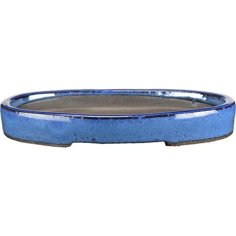 Sottovaso per bonsai ovale in gres smaltato blu 21x13x2 cm - BJ17a