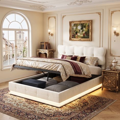 Superaly Lit double coffre 140x200cm, Rangement Hydraulique, Lit capitonné avec Lumières LED, Tête de Lit Réglable en forme de nuage, Style Minimaliste, Sommier à Lattes, Velours, Beige (1/5)