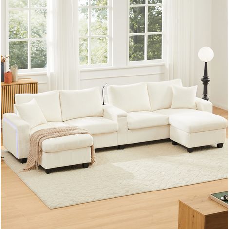 REDOM - Sofá en U 334x128.5x81 cm, con 2 pufs, lámpara de lectura, puertos USB y Type C, pana beige (1/5)