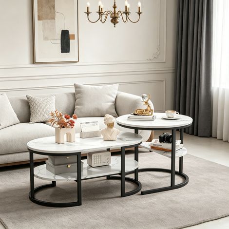 Couchtisch, Satztisch-Set (2 Stück), mit Ablagefach, verstellbaren Füßen, abgerundeten Ecken, für Ess- und Wohnzimmer