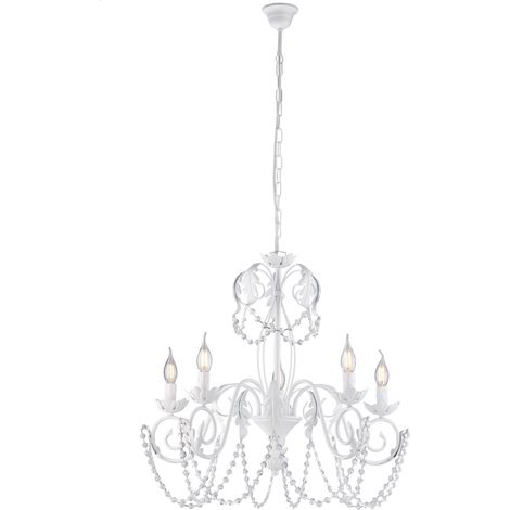Lampadario Shabby Damasco 5 Luci Ferro Battuto Bianco E Cristalli (1/3)