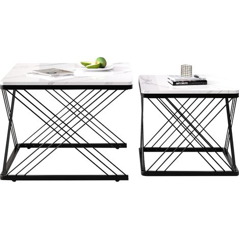 ELVMI Tavolini da Salotto Quadrati 2 Pezzi con Piedini Regolabili, Piano MDF Effetto Marmo Lucido, Soggiorno, Bianco Nero (1/5)