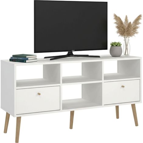 Dmora - Fernsehschrank Conte, Ständer für Wohnzimmerfernseher, Niedriges Wohnzimmer-Sideboard, TV-Ständerbasis, 117x39 h61 cm, Weiß