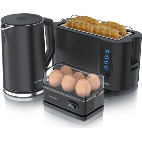 Arendo Frühstücks-Set Wasserkocher 1,5l, 4-Scheiben Toaster, 6er Eierkocher, Schwarz (1/5)