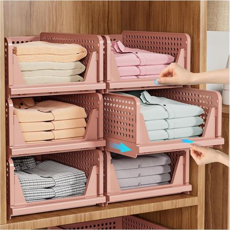 Paniers de rangement empilables pour armoire – adaptés aux chambres, salles de bains, cuisines, etc. – lot de 6, rose