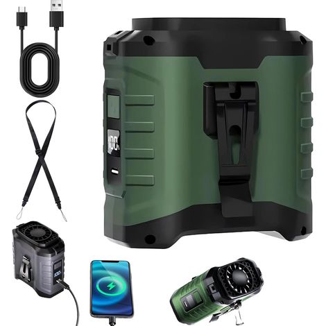Turbo Track Fan, Portable Waist & Neck Fan, 5-Speed 10000mAh Rechargeable Fan with LED Display, for Outdoor & Jobsite Use,Army green (1/5)