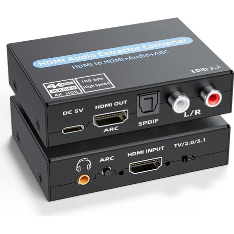 Convertisseur audio HDMI ARC 4K à 60 Hz avec sortie optique SPDIF, sortie stéréo 3,5 mm et sortie analogique RCA L/R. Compatible HDCP 5.1. (1/5)