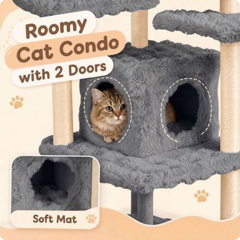 Arbre à chat 170 cm avec niche, poteaux en sisal et balles suspendues pour chats d'intérieur (1/5)