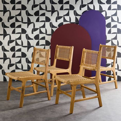 Set of 4 Ocara garden chairs, cane and wood, L 61 x 51 x 85cm