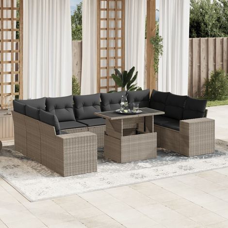 Set sofás jardín 10 pzas con cojines ratán sintético gris claro vidaXL (1/5)