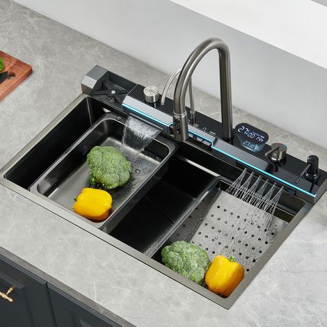 Évier de cuisine Évier double cascade,1 bac Evier De Cuisine Acier Inoxydable 304, avec affichage LED avec lave-tasses, distributeur de savon, commandes de comptoir, etc. (Gris 75 46 22cm)