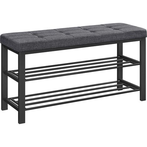 SONGMICS Panca Scarpiera, Scaffale Porta Scarpe a 3 Ripiani, Portaoggetti, Sedile Imbottito, Lino, Struttura in Metallo, Entrata Soggiorno Corridoio, 31 x 100 x 49 cm, Grigio Scuro e Nero LBS579B01 (1/5)