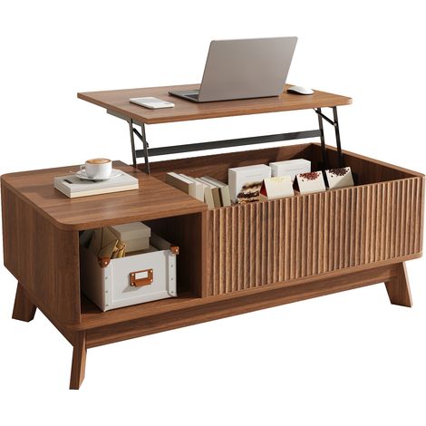Table basse relevable avec motif ondulé, compartiment latéral ouvert, matériau MDF, style moderne