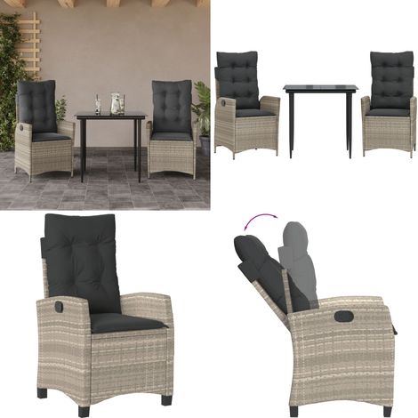 Ensemble à manger de jardin 3pcs coussins gris clair poly rotin - Chaise de jardin - Table de jardin (1/5)