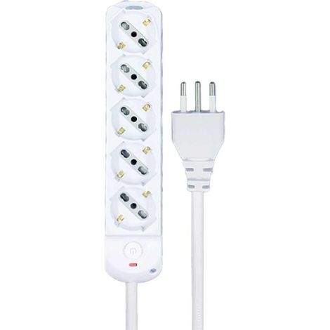 Multipresa Ciabatta Elettrica a 5 Posti 5 Prese Bipasso Schuko 10A/16A con Interruttore e Spina 10A Cavo 1.5 metri Bianco