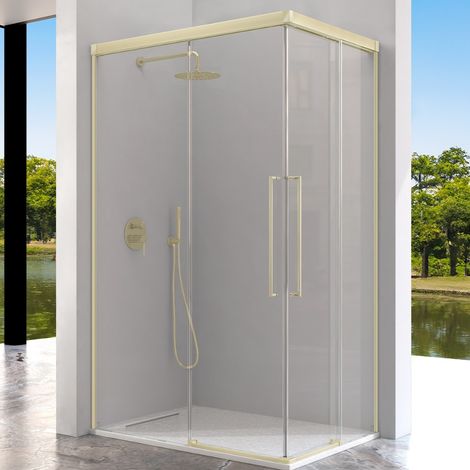 KASSANDRA PAVÍA Mampara Angular de Ducha 2 Fijo +  2 Puertas Correderas Oro Cepillado Transparente - Medida: 80x80 cm - ref: AI6073616S200080+AI6073616S200080