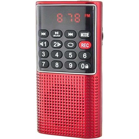 Radio tascabile FM ricaricabile, lettore di schede Micro SD, 3W RMS, jack per cuffie - Rosso - Crezuo