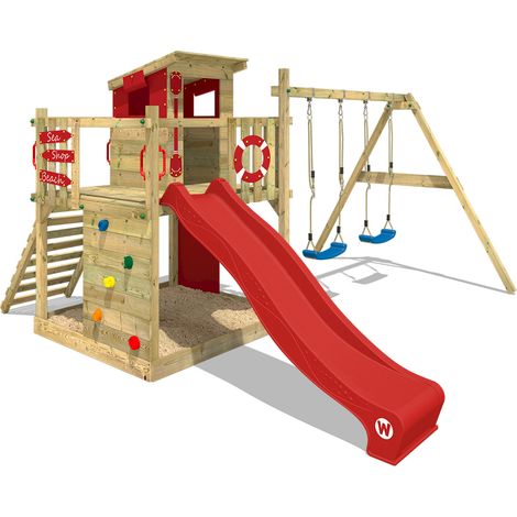 Wickey – Aire de jeu en bois avec cabane, balançoire et toboggan 220 cm – Bois massif traité – 10 ans de garantie – Pour jeux extérieurs