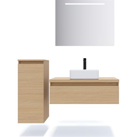 Meuble de salle de bain suspendu vasque à poser 90cm 1 tiroir Chêne clair + miroir + colonne ouverture gauche - Hudson (1/5)