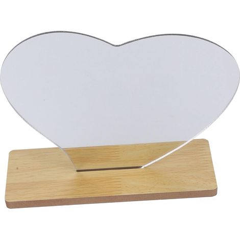 Miroir de maquillage en acrylique forme cœur avec support bois . Design original . cosmétique bureau