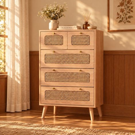 Cómoda cajonera de 5 cajones 60x34x91 cm, Mueble auxiliar de almacenaje para dormitorio y salón con tiradores dorados, Estilo boho nórdico en madera y ratán, Natural (1/5)