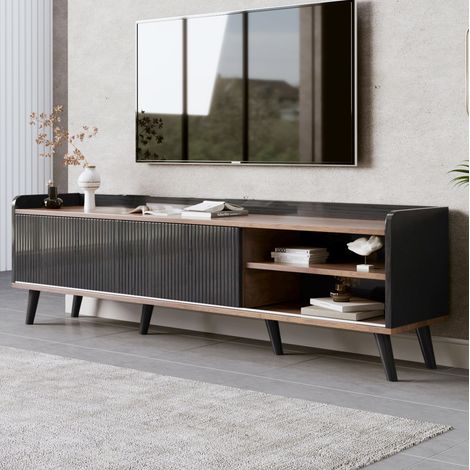 meuble tv rangement 160 cm noir bois 2 tiroirs bas OKMYHOME (1/5)