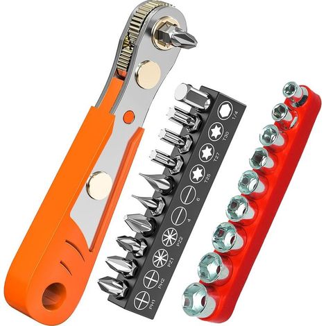 Cliquet 1/4 Tournevis Magnétique,Avec manche10 pièces, tournevis à angle droit à cliquet, 9 pièces de douilles métriques, avec Phillips, fente, Torx (1/4)
